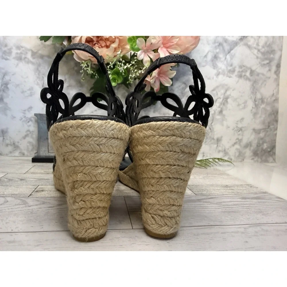 Eric Michael Jillian‎ Black Floral Leather Upper Rope Wedge Heels 9/9.5 EU40 EUC